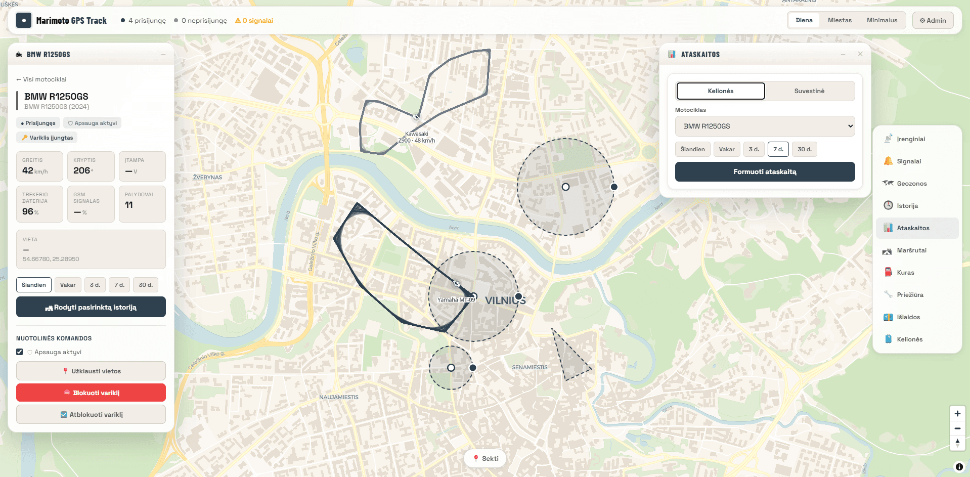 MariMoto GPS Track sekimo platformos vaizdas su žemėlapiu ir motociklo kortele